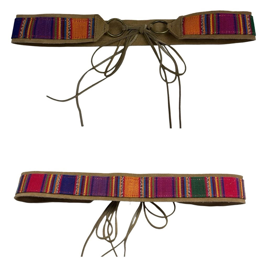 Boho Cotton Serape Genuine Leather Lined Colorful Tie Front Tassel Belt M / L